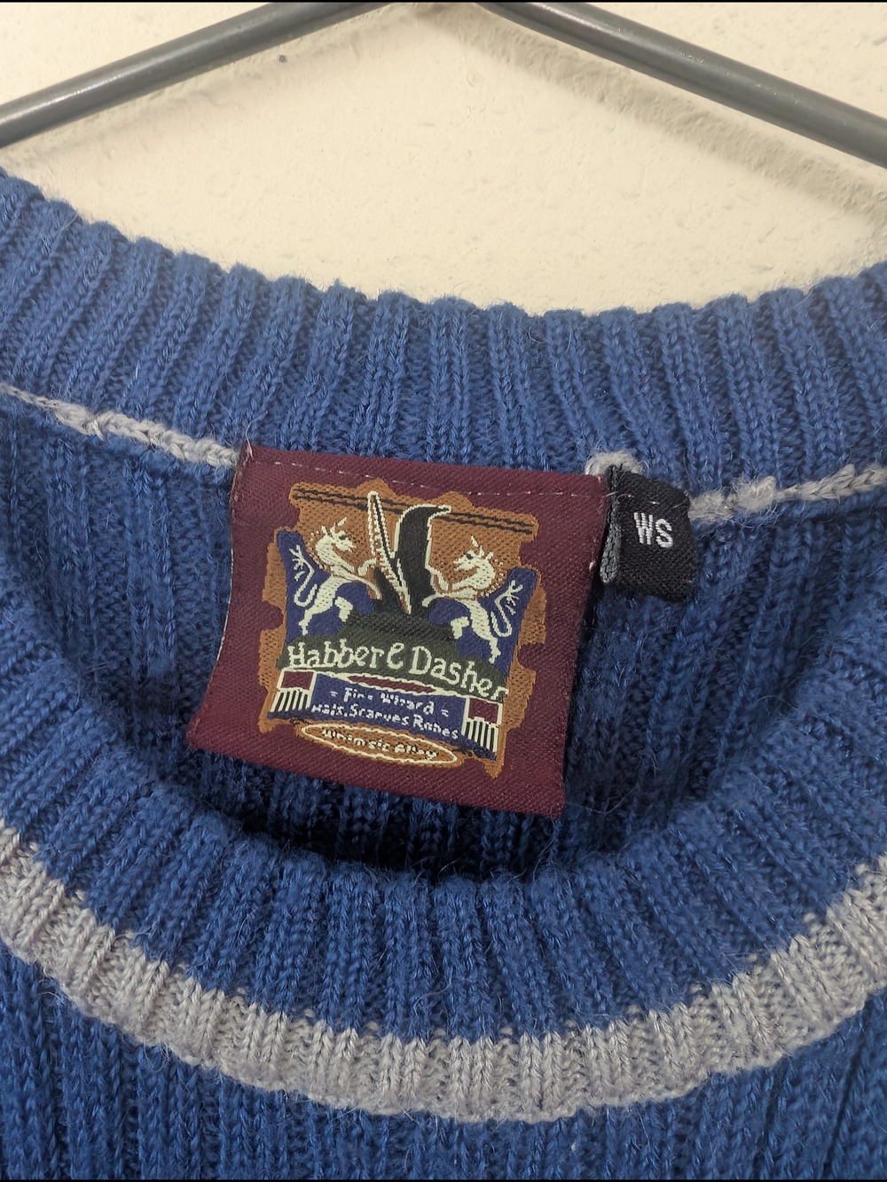Women’s Ribbed Crewneck Sweater in Blue with Light Gray Stripe S